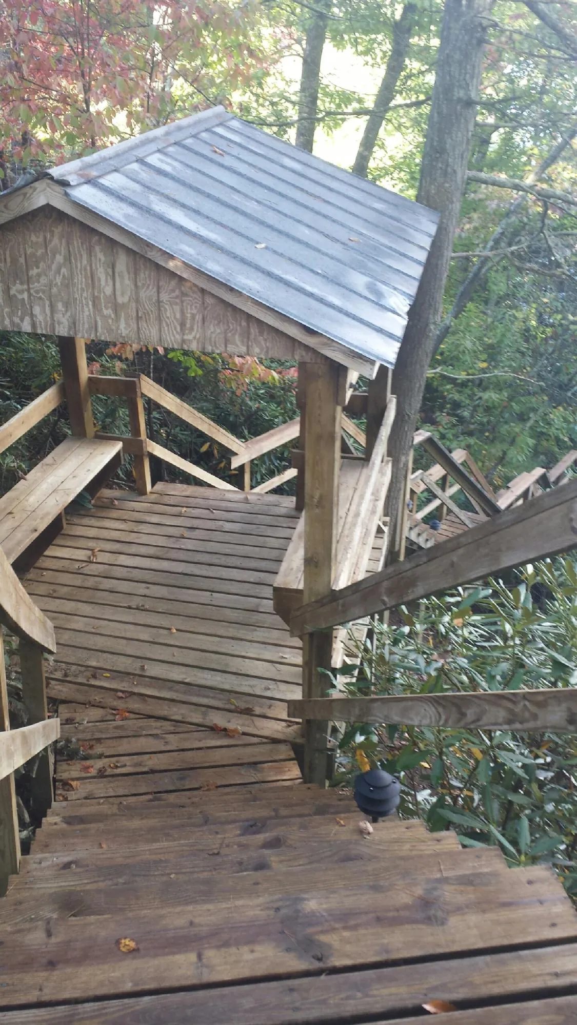 Metal roofed shelter over wooden steps on a wooded walkway — Skylight Repair & Installation work by our crew in Markesan
